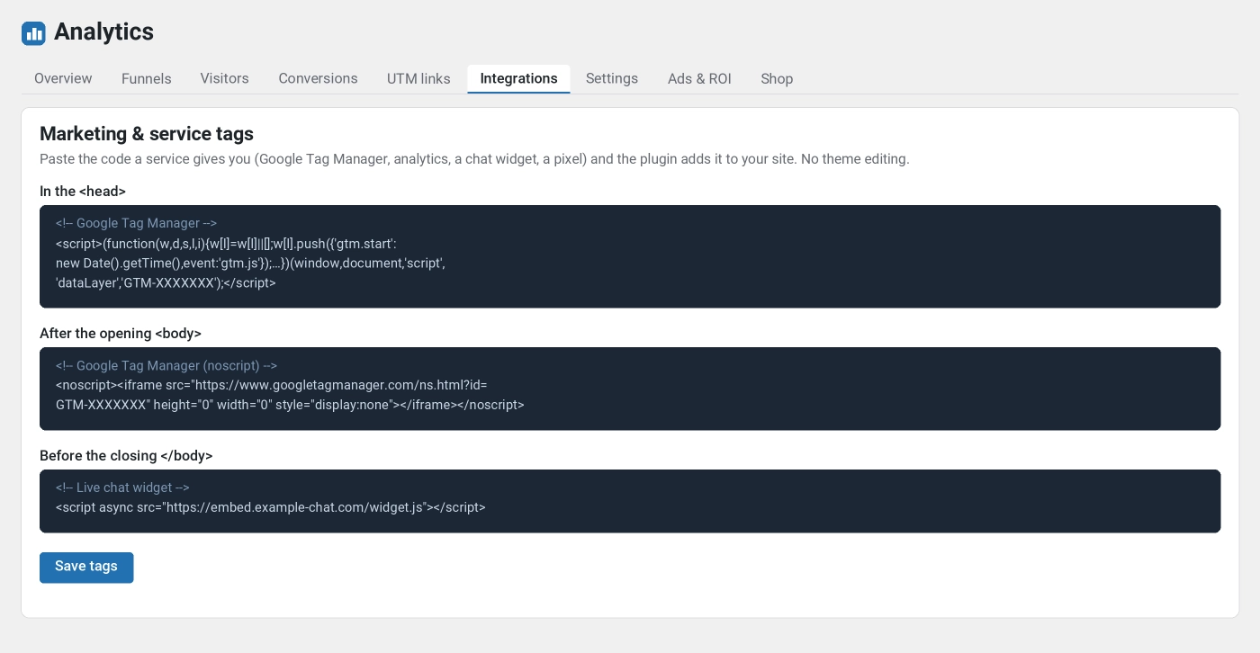 Nik Analytics Integrations tab: paste code into head, body and footer