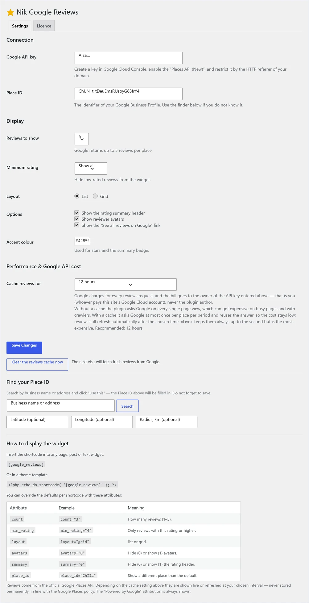 Nik Google Reviews settings