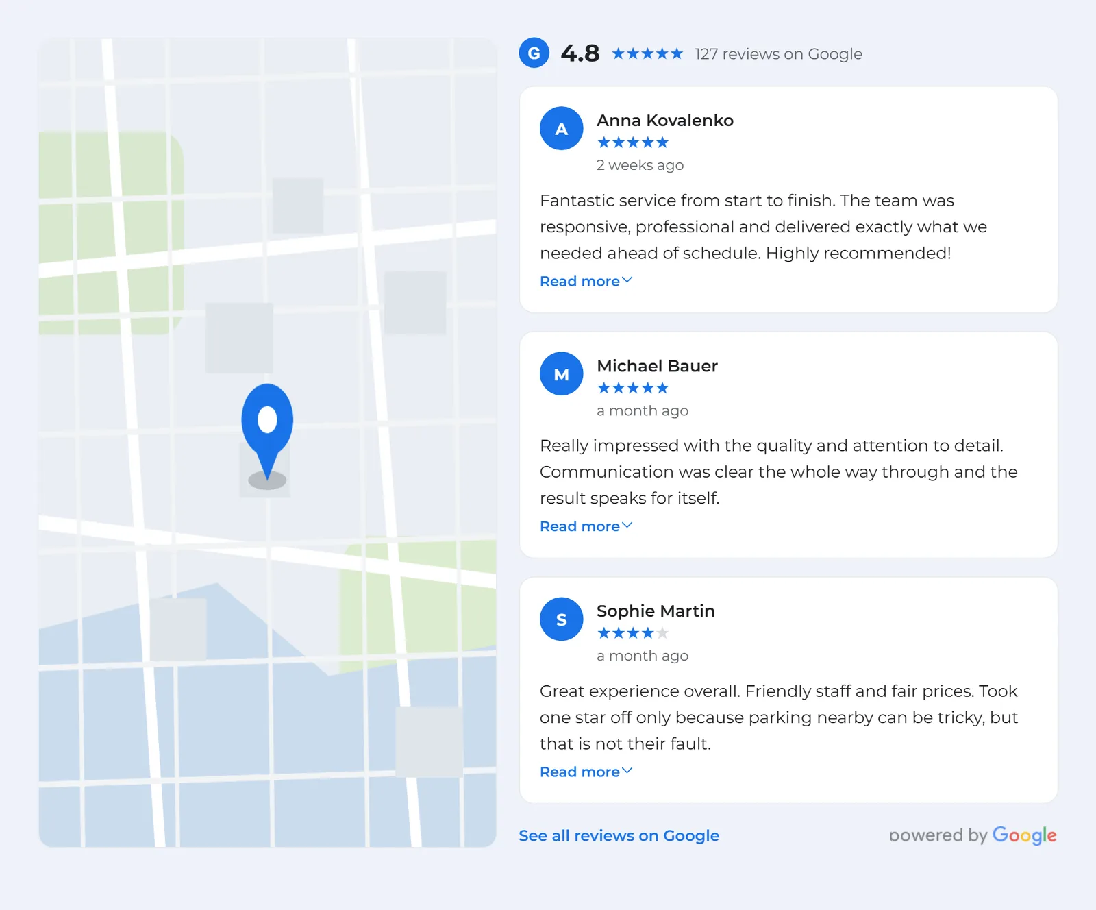 Map beside the reviews (split layout)