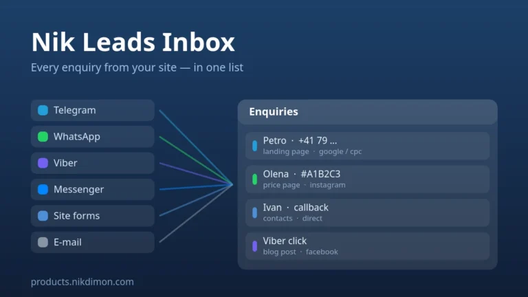 Nik Leads Inbox — every enquiry from Telegram, WhatsApp, Viber and forms in one list