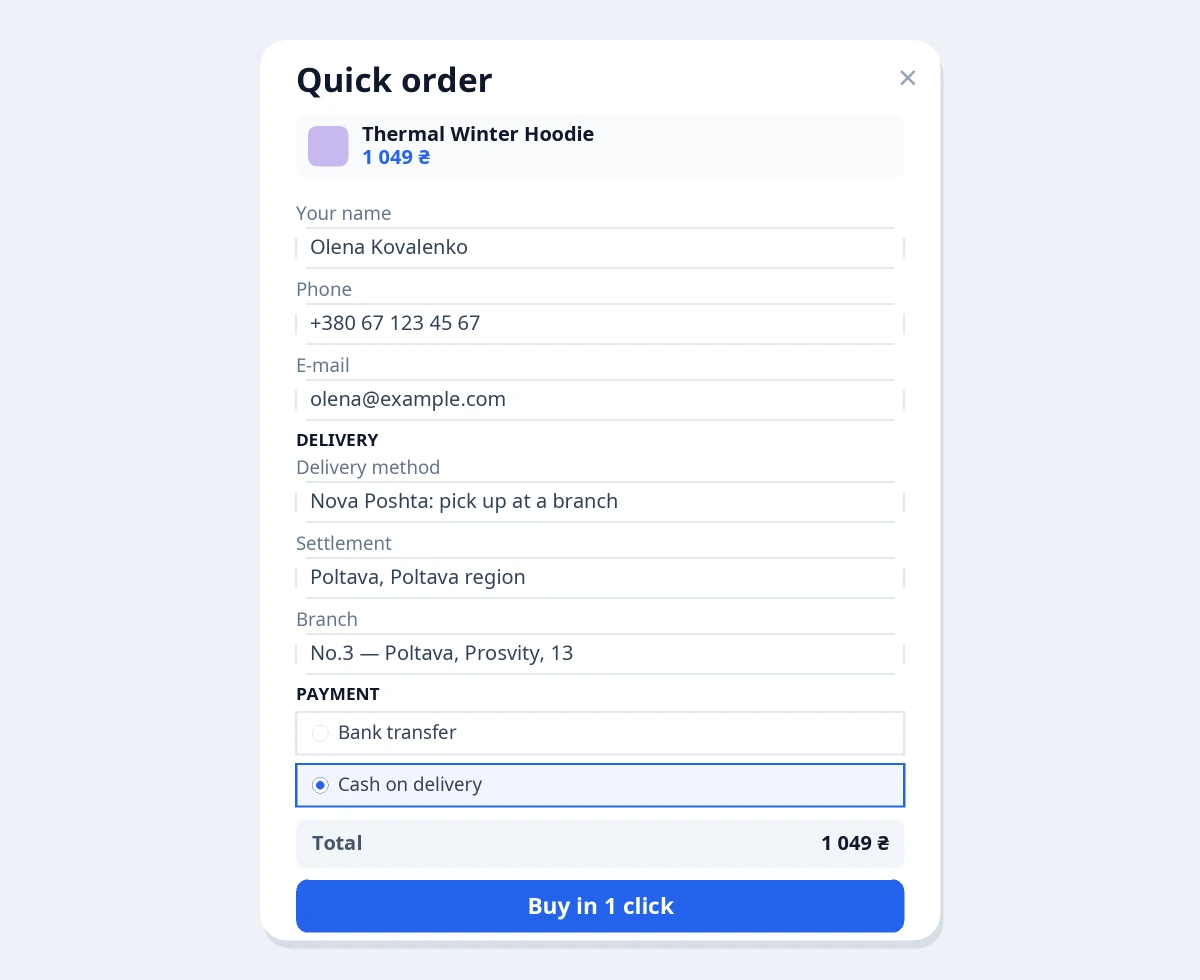 The Nik Quick Order pop-up: name, phone, Nova Poshta settlement and branch, payment method and the order total